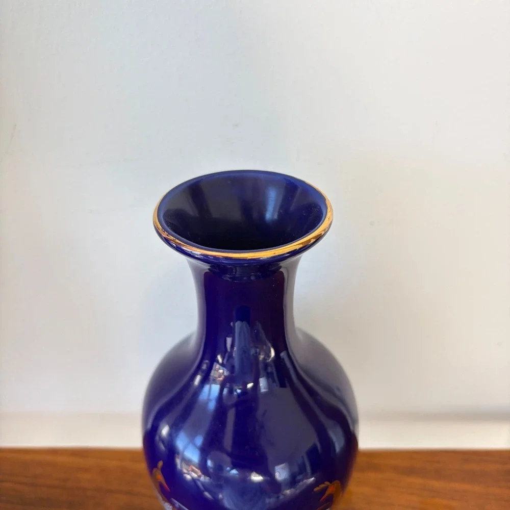 Cobalt Blue Porcelain Peacock Floral Bud Vase with Gold Trim 6.25